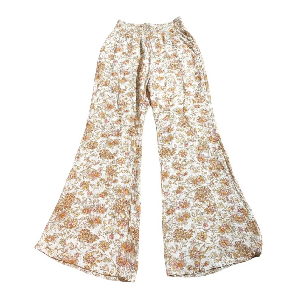 Billabong Floral Wide Leg Pants M Gold Pink Smocked Waist Crinkle Gauze Flare - Picture 2 of 6